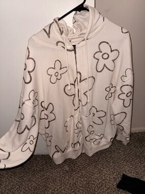 Neutral Floral Half-Zip Hoodie - Cream Floral Print Oversized